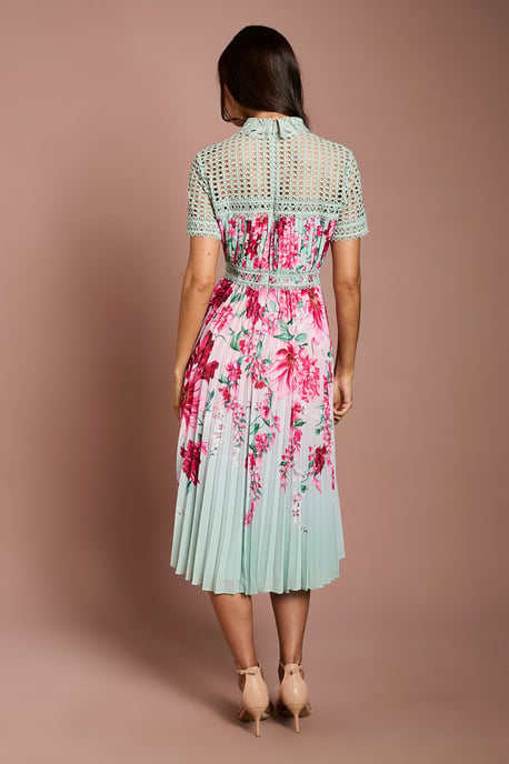 Lisa Tan Lace Pleated Printed Midi Dress - Image 3