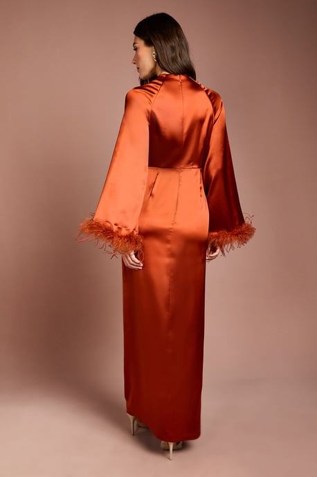 Feather Trim Satin Maxi Dress - Image 3
