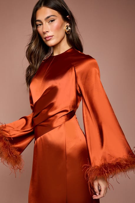 Feather Trim Satin Maxi Dress - Image 4