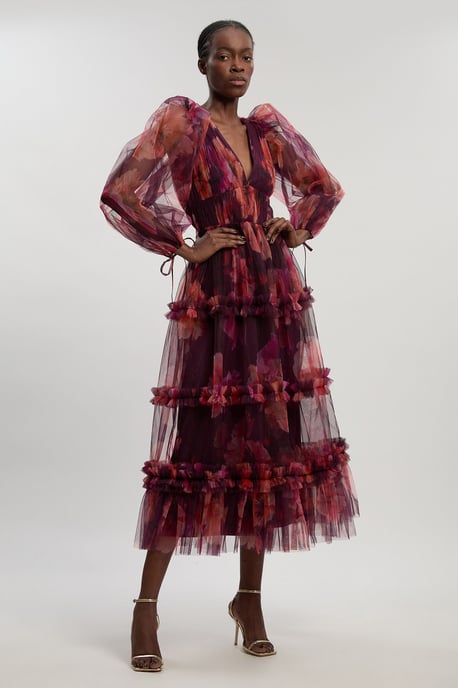 Floral Tulle Balloon Sleeve Plunge Woven Maxi Dress - Image 1