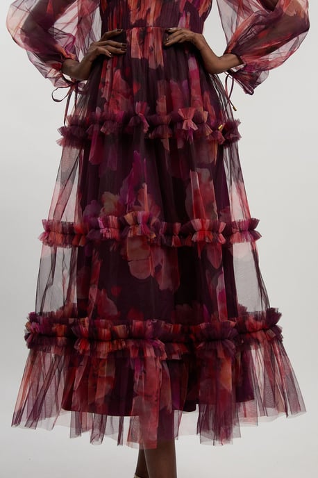 Floral Tulle Balloon Sleeve Plunge Woven Maxi Dress - Image 3