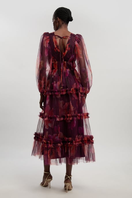 Floral Tulle Balloon Sleeve Plunge Woven Maxi Dress - Image 4