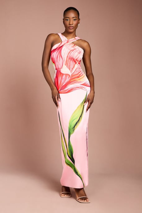 Large Scale Floral Placement Print Halter Neck Pencil Dress - Image 1