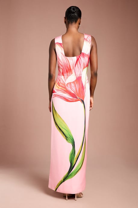 Large Scale Floral Placement Print Halter Neck Pencil Dress - Image 3