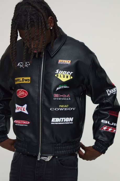 Boxy Fit PU Rodeo Applique Badge Varsity Bomber Jacket - Image 3