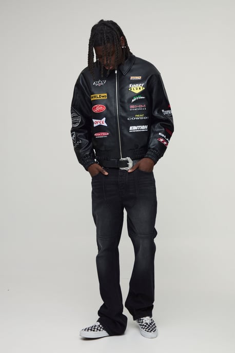 Boxy Fit PU Rodeo Applique Badge Varsity Bomber Jacket - Image 4