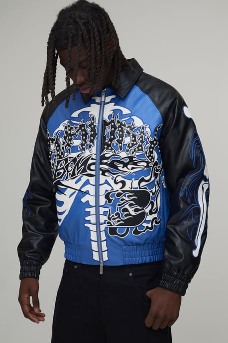 Boxy Fit Euphoric Graphic Skeleton PU Applique Varsity Jacket - Image 1