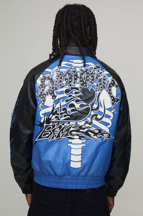 Boxy Fit Euphoric Graphic Skeleton PU Applique Varsity Jacket - Image 2