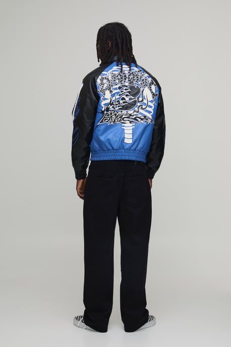 Boxy Fit Euphoric Graphic Skeleton PU Applique Varsity Jacket - Image 3