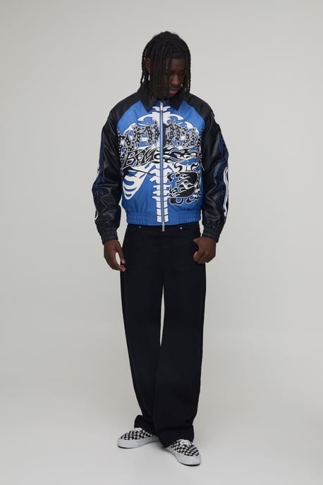 Boxy Fit Euphoric Graphic Skeleton PU Applique Varsity Jacket - Image 4