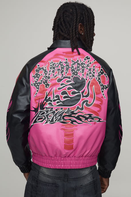 Boxy Fit Euphoric Graphic Skeleton PU Applique Varsity Jacket - Image 2
