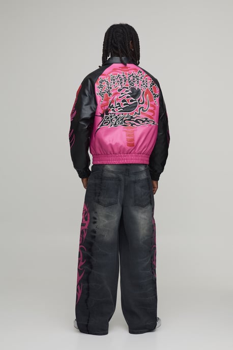 Boxy Fit Euphoric Graphic Skeleton PU Applique Varsity Jacket - Image 3
