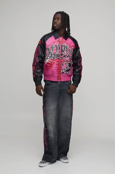 Boxy Fit Euphoric Graphic Skeleton PU Applique Varsity Jacket - Image 4