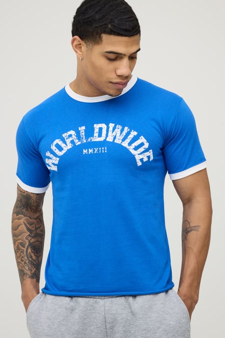 Blue Regular Print Raw Hem Ringer T-Shirt - Image 1