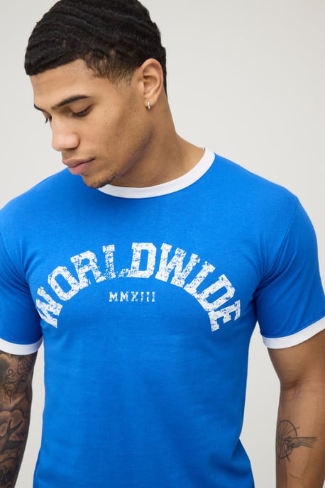 Blue Regular Print Raw Hem Ringer T-Shirt - Image 3