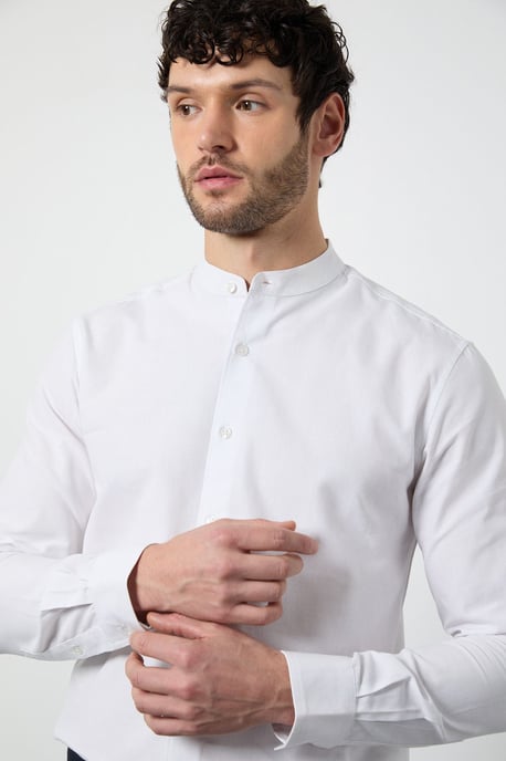 White Oxford Grandad Long Sleeve Shirt - Image 4