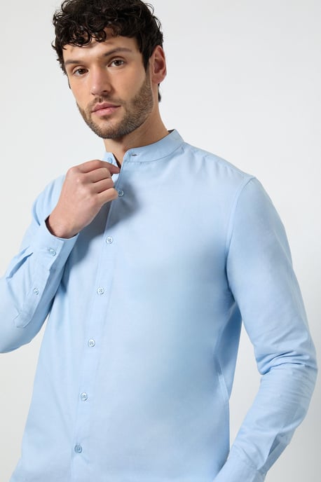 Light Blue Oxford Grandad Long Sleeve Shirt - Image 4
