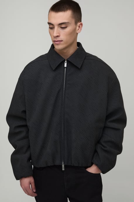 Boxy Fit Textured PU Zebra Elasticated Hem Harrington Jacket - Image 1