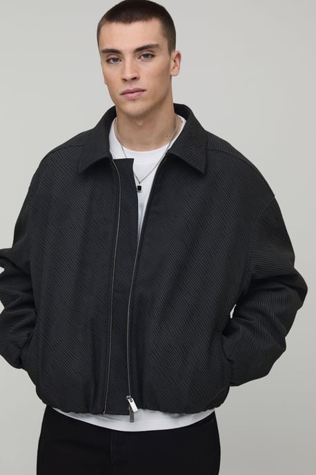 Boxy Fit Textured PU Zebra Elasticated Hem Harrington Jacket - Image 3