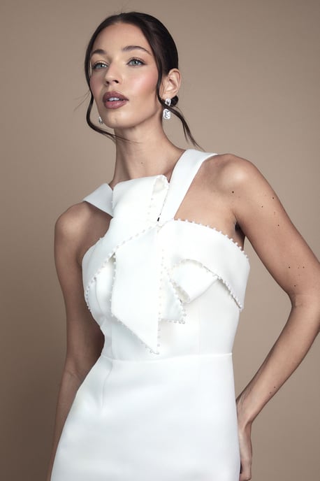 Halter Neck Pearl Detail Mini Wedding Dress - Image 4