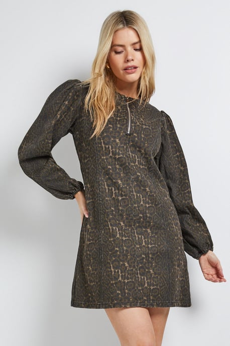 Leopard Zip Front Denim Mini Dress - Image 1