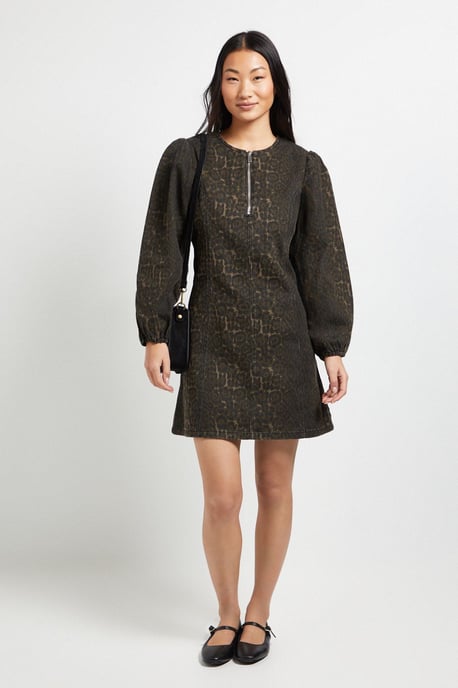 Petite Leopard Zip Front Denim Mini Dress - Image 1