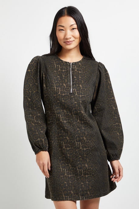 Petite Leopard Zip Front Denim Mini Dress - Image 2