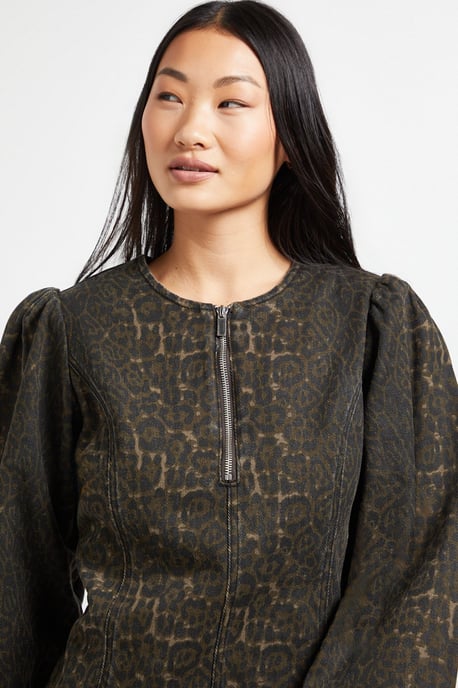 Petite Leopard Zip Front Denim Mini Dress - Image 4