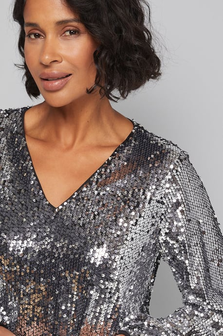 Mixed Sequin V Neck Shift Dress - Image 2