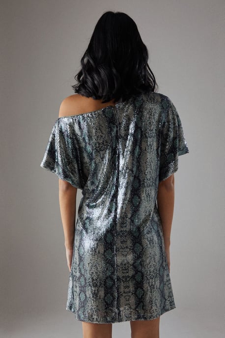 Snake Sequin Fallen Shoulder Slouchy Mini Dress - Image 3