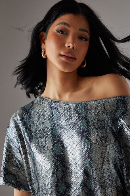Snake Sequin Fallen Shoulder Slouchy Mini Dress - Image 4