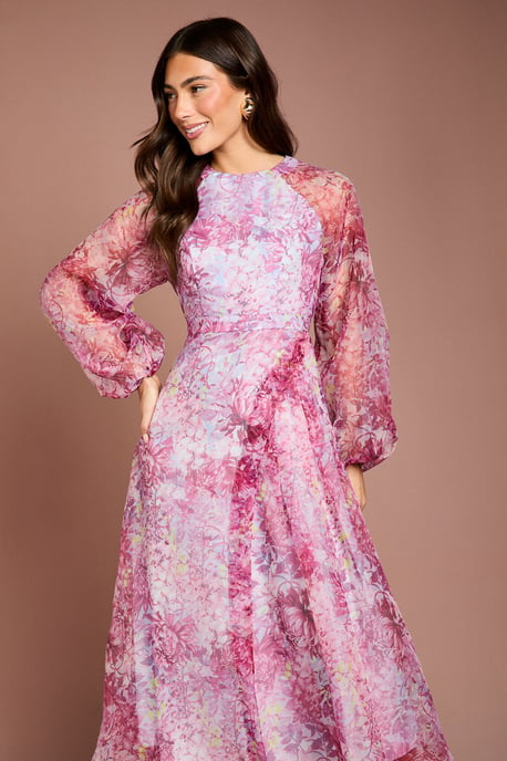 Organza Wrap Waist Puff Sleeve Midi Dress - Image 2