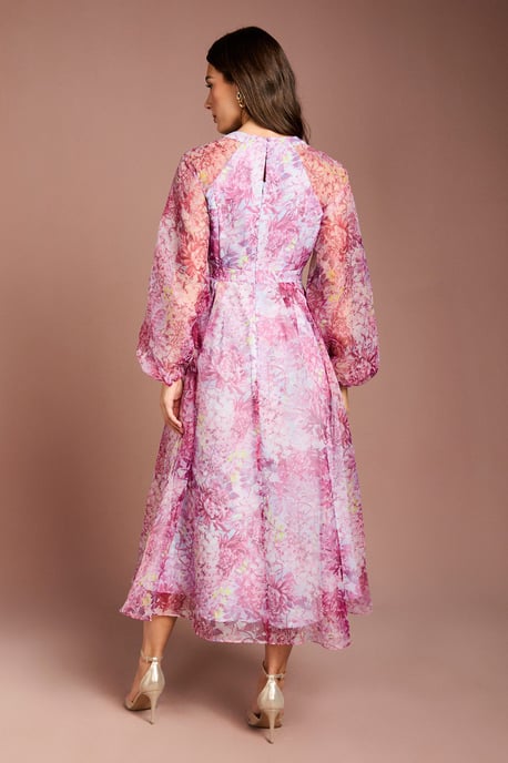 Organza Wrap Waist Puff Sleeve Midi Dress - Image 3