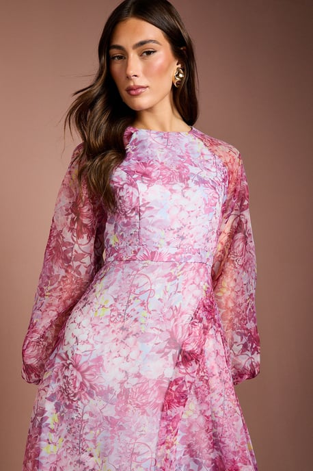 Organza Wrap Waist Puff Sleeve Midi Dress - Image 4