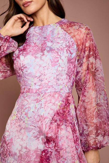 Organza Wrap Waist Puff Sleeve Midi Dress - Image 5