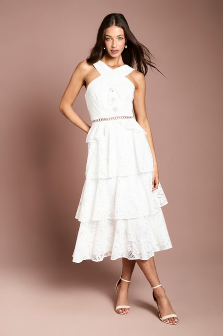 Tiered Lace Cross Halter Neck Button Detail Midi Dress - Image 1
