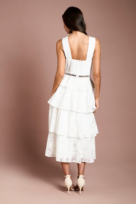 Tiered Lace Cross Halter Neck Button Detail Midi Dress - Image 3
