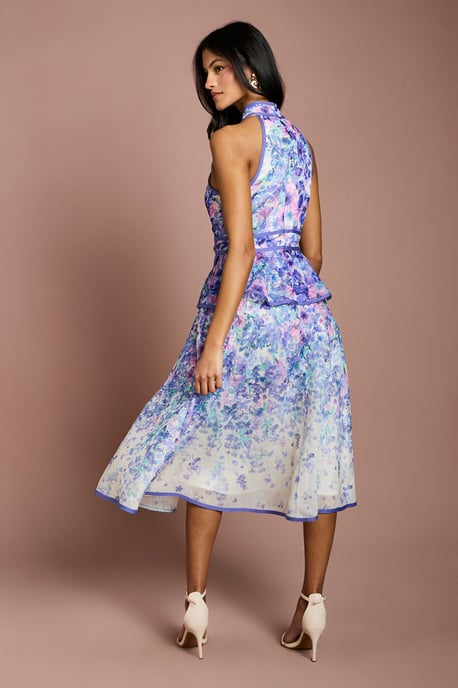 Petite Placement Print Organza Halterneck Midi Dress - Image 3