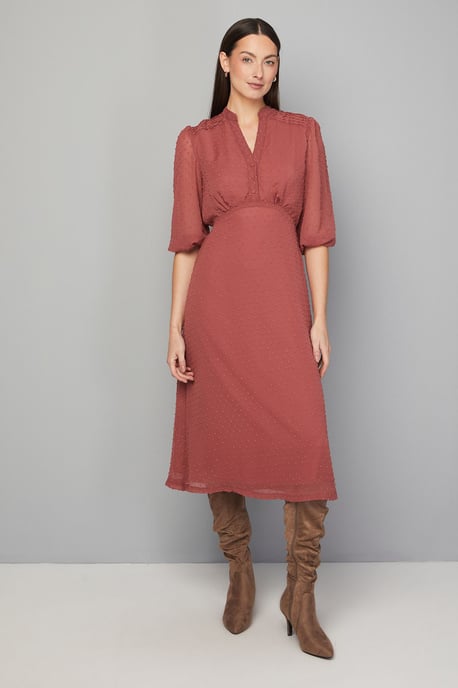 Dobby Pleat Detail Button Midi Dress - Image 1