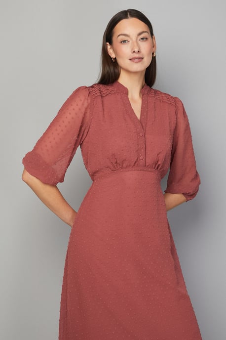 Dobby Pleat Detail Button Midi Dress - Image 2