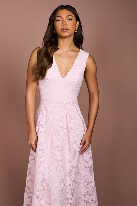 V Neck Organza Lace Full Skirted Midi Dress - Image 4