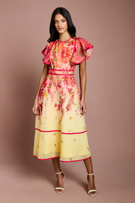 Petite Placement Print Frill Sleeve Midi Dress - Image 1
