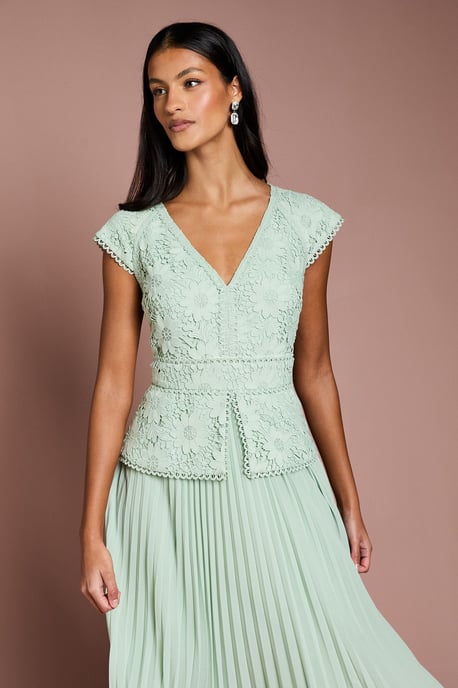 Petite V Neck Lace Bodice Peplum Midi Dress - Image 2