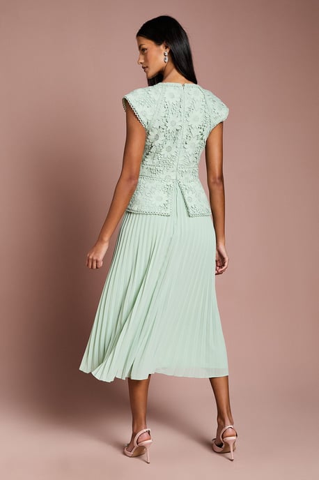 Petite V Neck Lace Bodice Peplum Midi Dress - Image 3