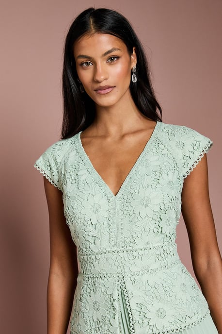 Petite V Neck Lace Bodice Peplum Midi Dress - Image 4