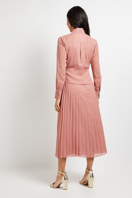 Clipped Tie Neck Pleated Shirt Dress - Image 3