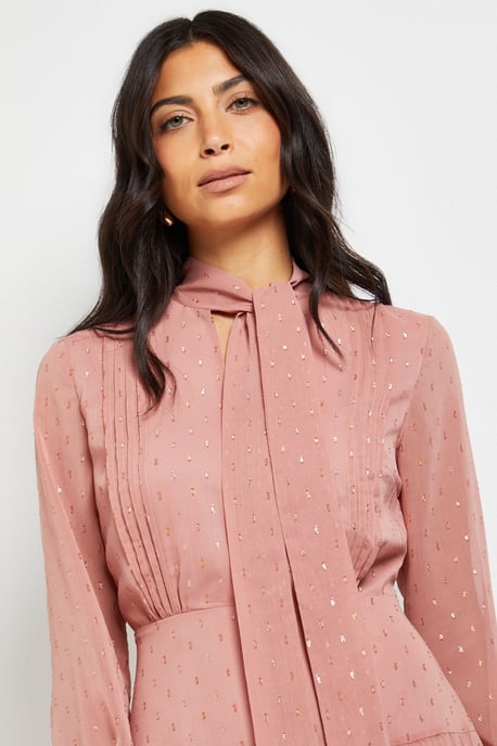 Clipped Tie Neck Pleated Shirt Dress - Image 4