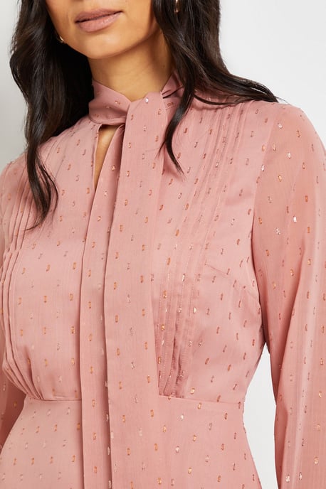 Clipped Tie Neck Pleated Shirt Dress - Image 5