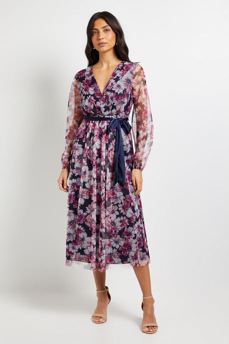 Floral Mesh Satin Tie Midi Dress - Image 1