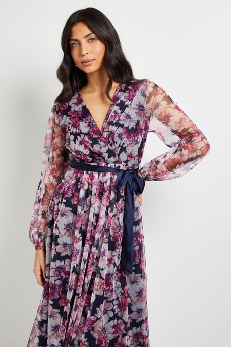 Floral Mesh Satin Tie Midi Dress - Image 2